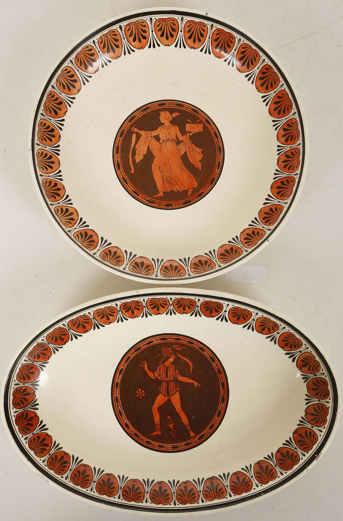 TWO WEDGWOOD 'ETRUSCAN' PATTERN QUEEN'S WARE DISHES, circa 1790, both printed in black and orange