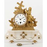 A late 19th century gilt metal and Louis XVI style mantel clock with marble base, 30cm high