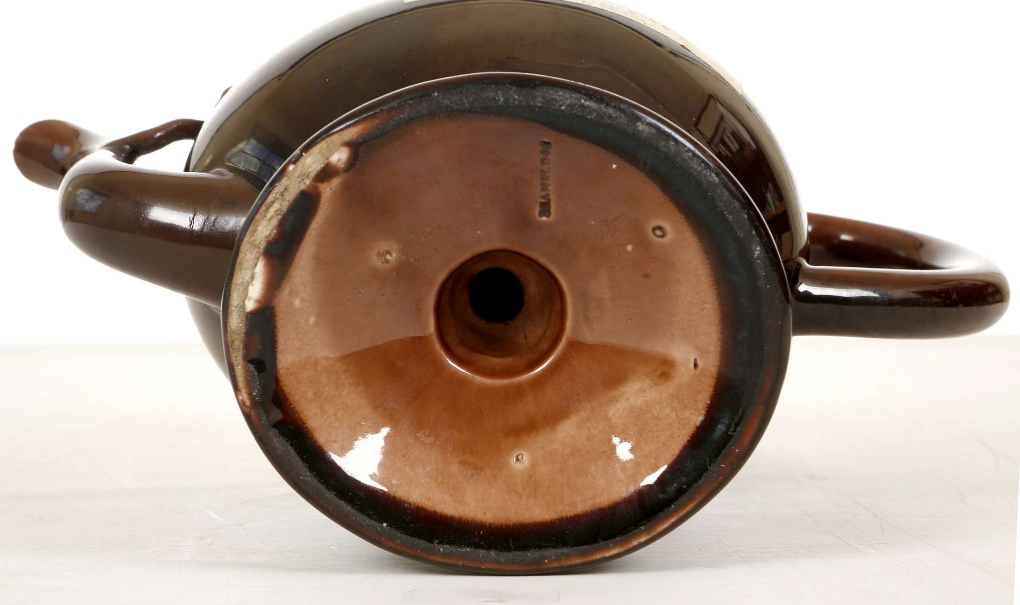 A BRAMELD CADOGAN TREACLE-GLAZE TEAPOT, circa 1810-30, the ovoid body applied with peaches, - Image 4 of 4