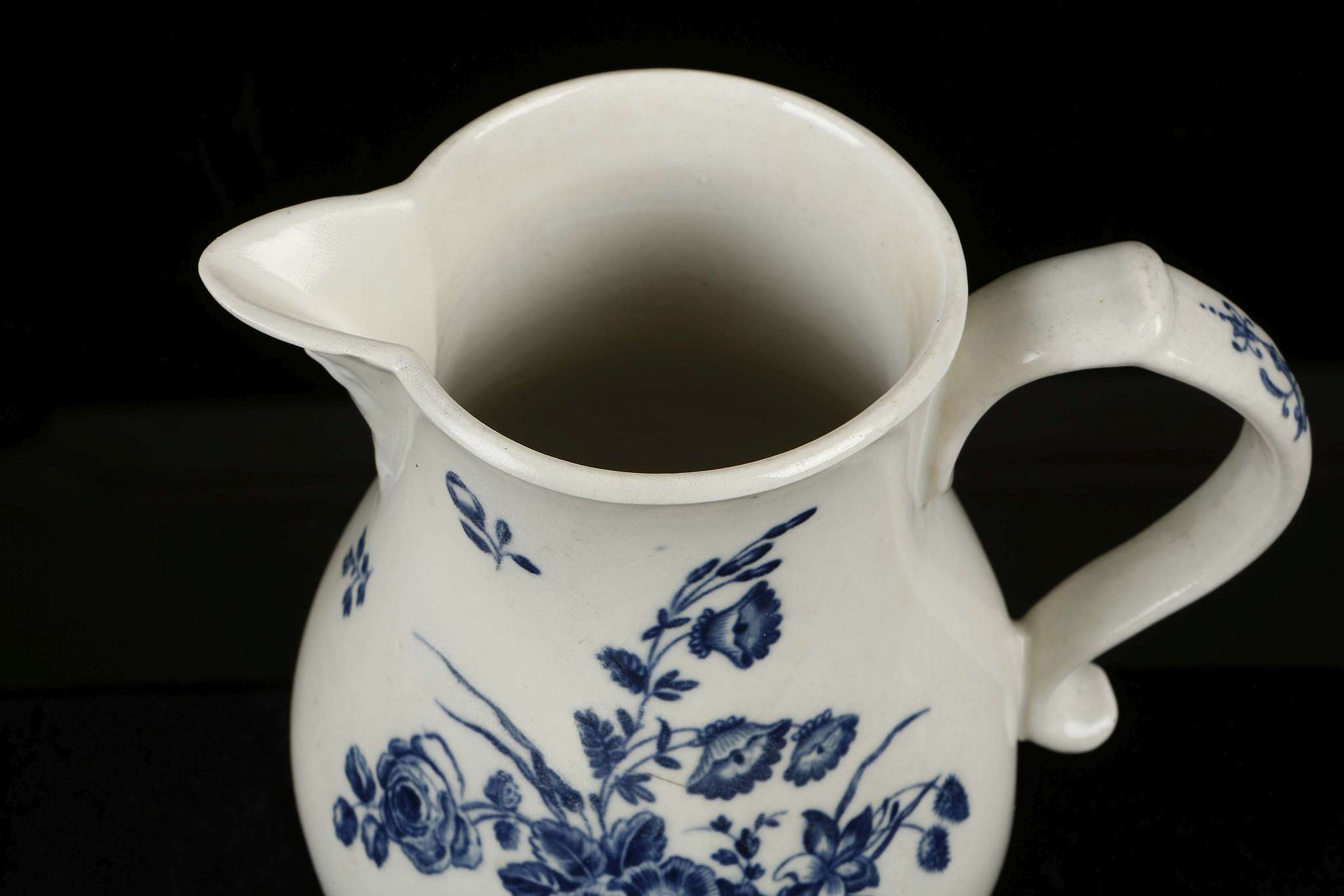 A WORCESTER MASK JUG, circa 1770, of baluster form printed in blue with the 'Bouquets' pattern (18cm - Image 3 of 4