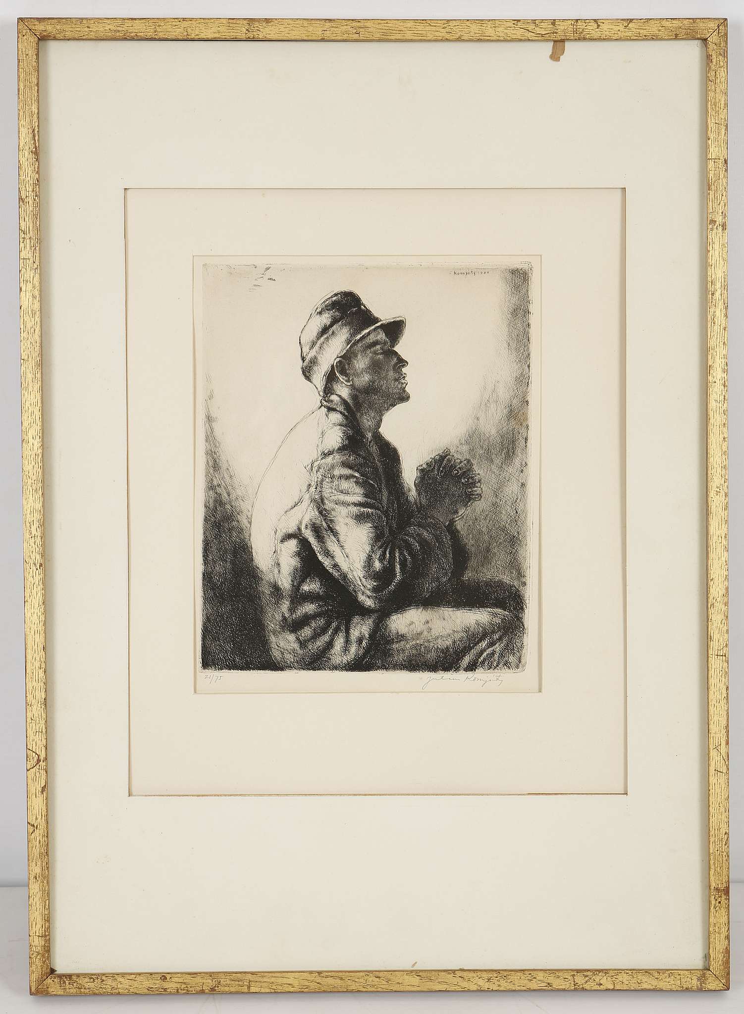 Julius Komjaty 1894-1958, 'Prayer', a limited edition etching, 1928, No. 21 of 75, plate size: 25.