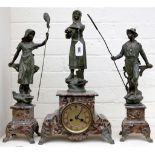 A late 19th century French spelter and marble clock garniture, the figures depicting industry