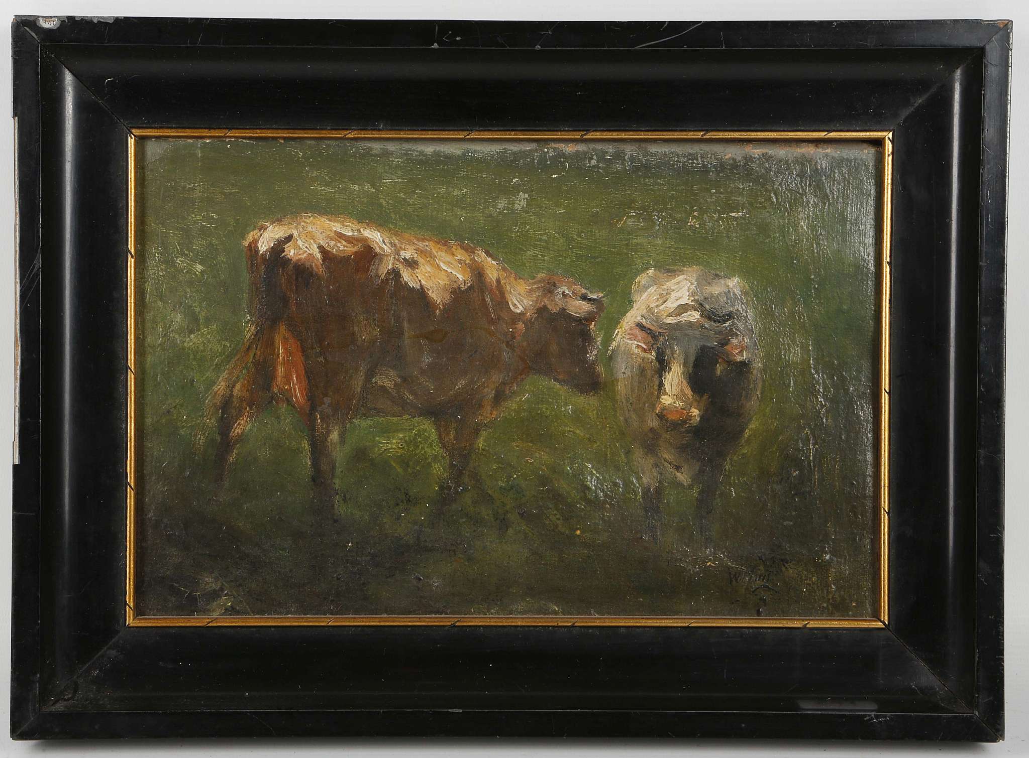 W. Moris, 19th Century, oil on canvas, study of two cows, signed lower right, on a later