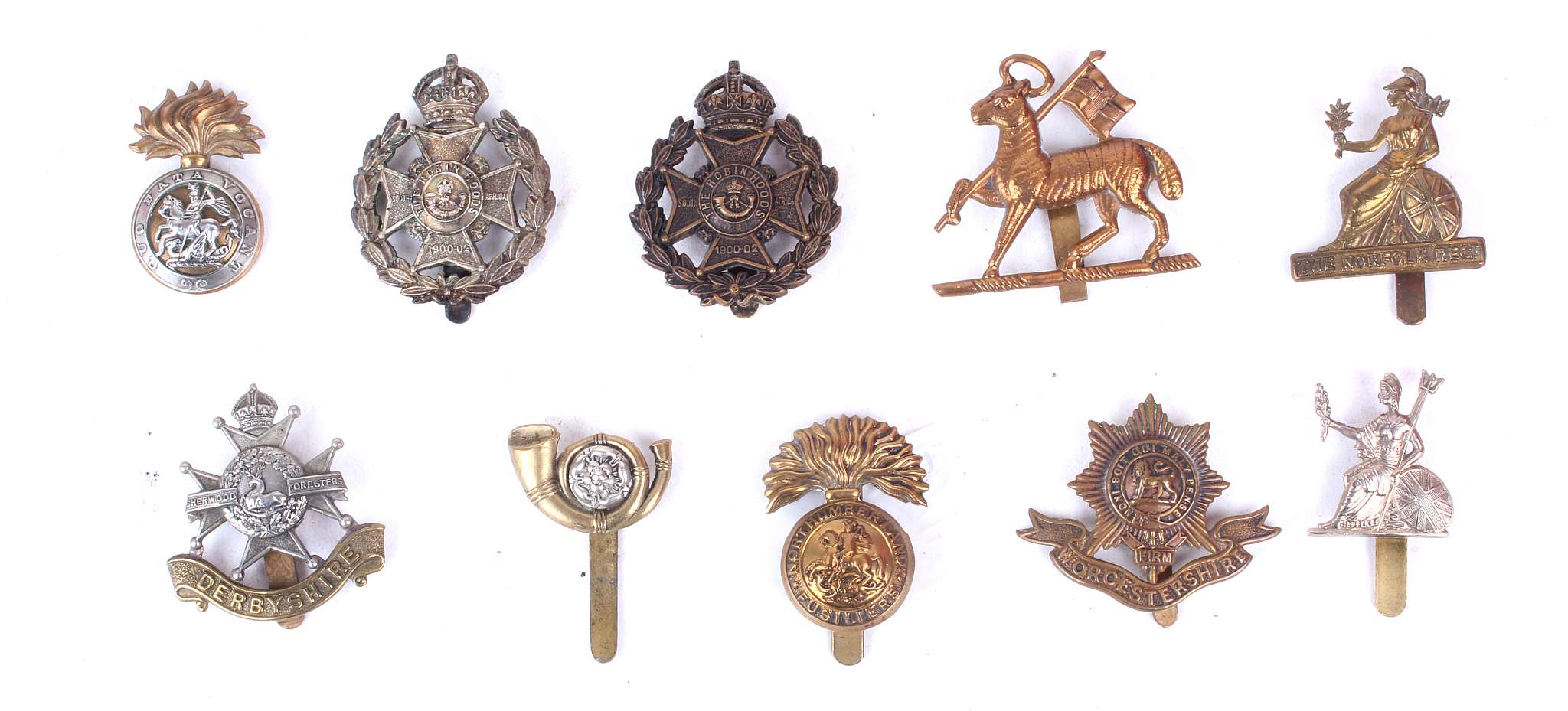 British Army cap badges mixed inc; Norfolk, Northumberland Fusiliers, Worcestershire, The Welch, The