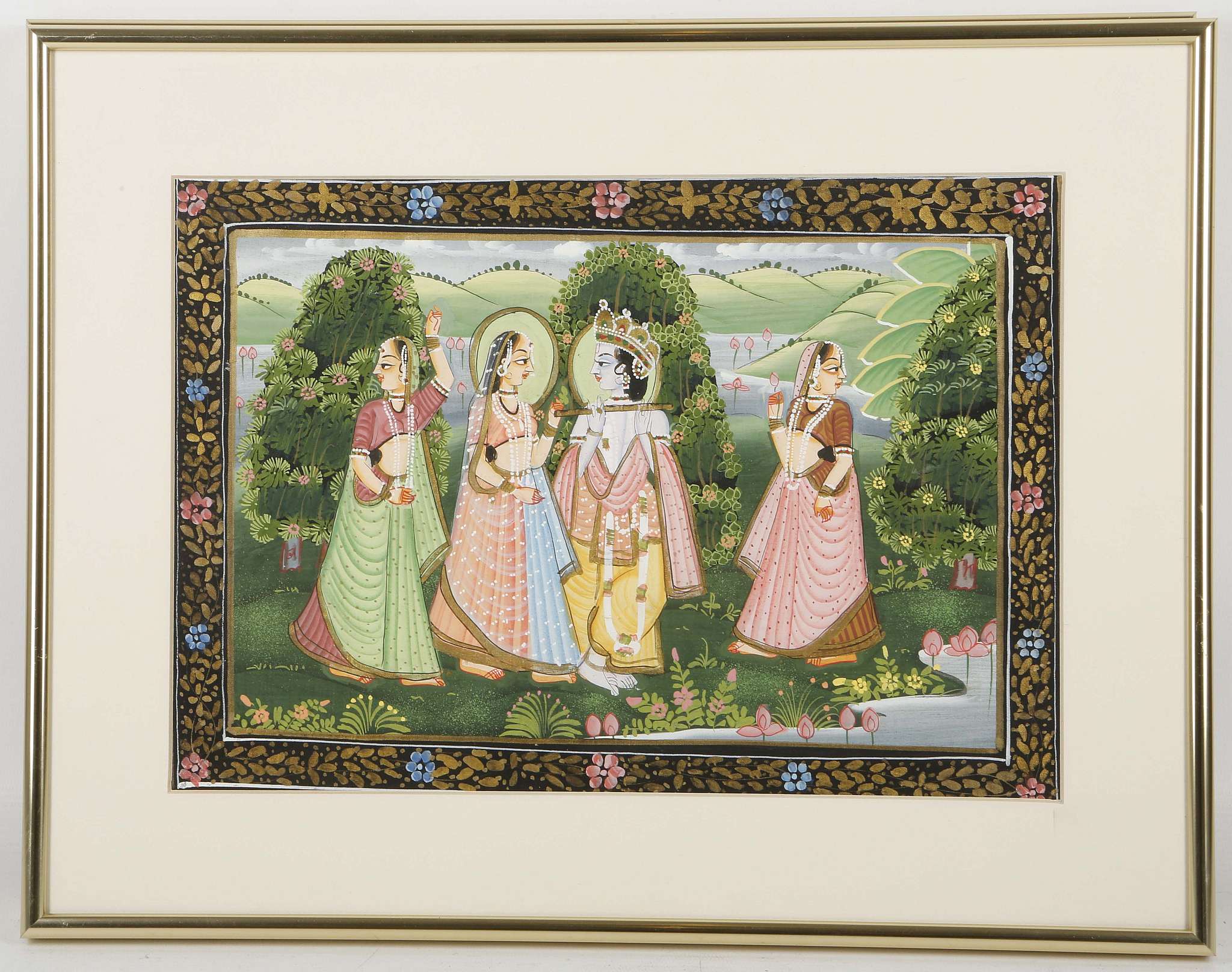 A set of four gouache on linen, depiction of Lord Rama and women, 21 x 31cm, all framed (4)