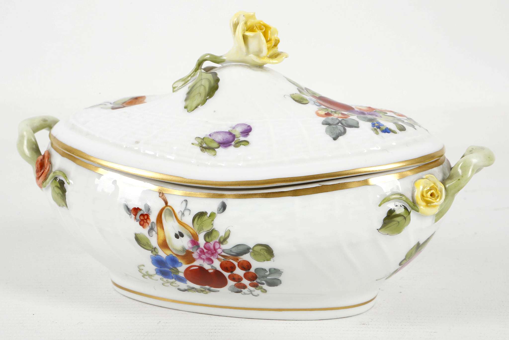 A Herend porcelain twin handled sucrier, in Meissen taste, with rose handle to cover and decorated - Image 2 of 5