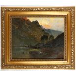 Alfred Fontville De Breanski Jnr (1877-1957), Scottish Highland landscape view at dusk with figure