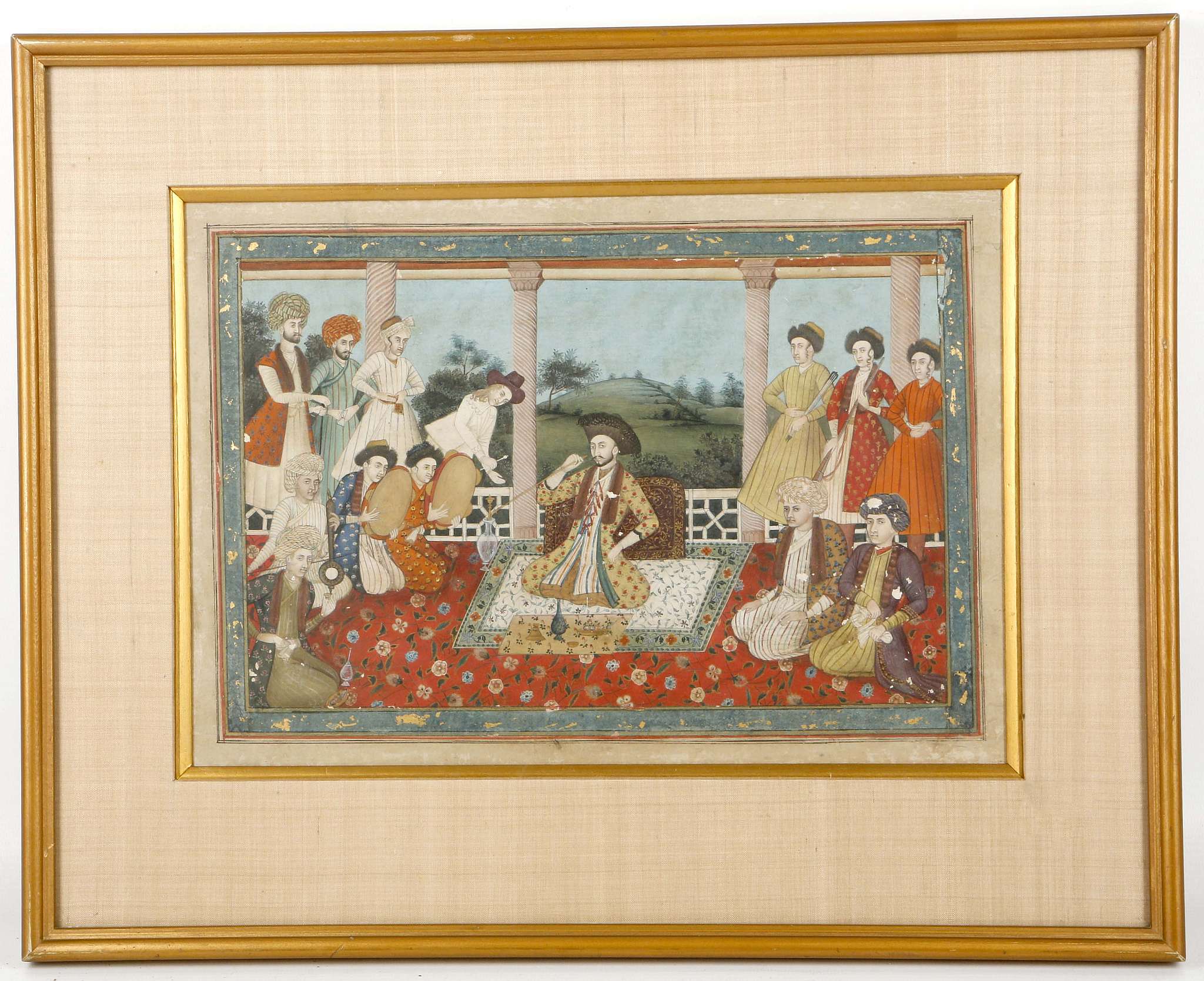 A rare antique, Indo / Persian gouache court scene, that includes a depiction of a European