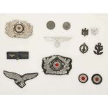 German Army Heer Officer's visor cap badge, Luftwaffe bullion breast eagle, cockades and other items