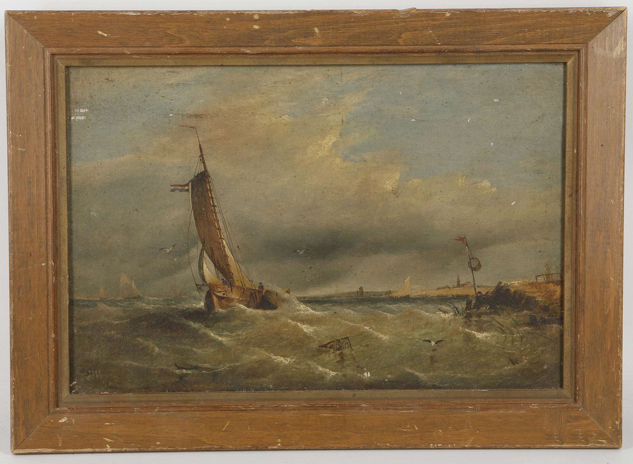 C.1840, English School, oil on canvas, marine study, 'Fishing Boats off the Coast', framed, 20 x