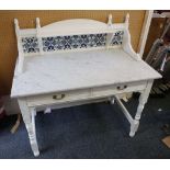 A wash stand, marble and tile top, painted shelving and based, on carved and turned legs, approx.