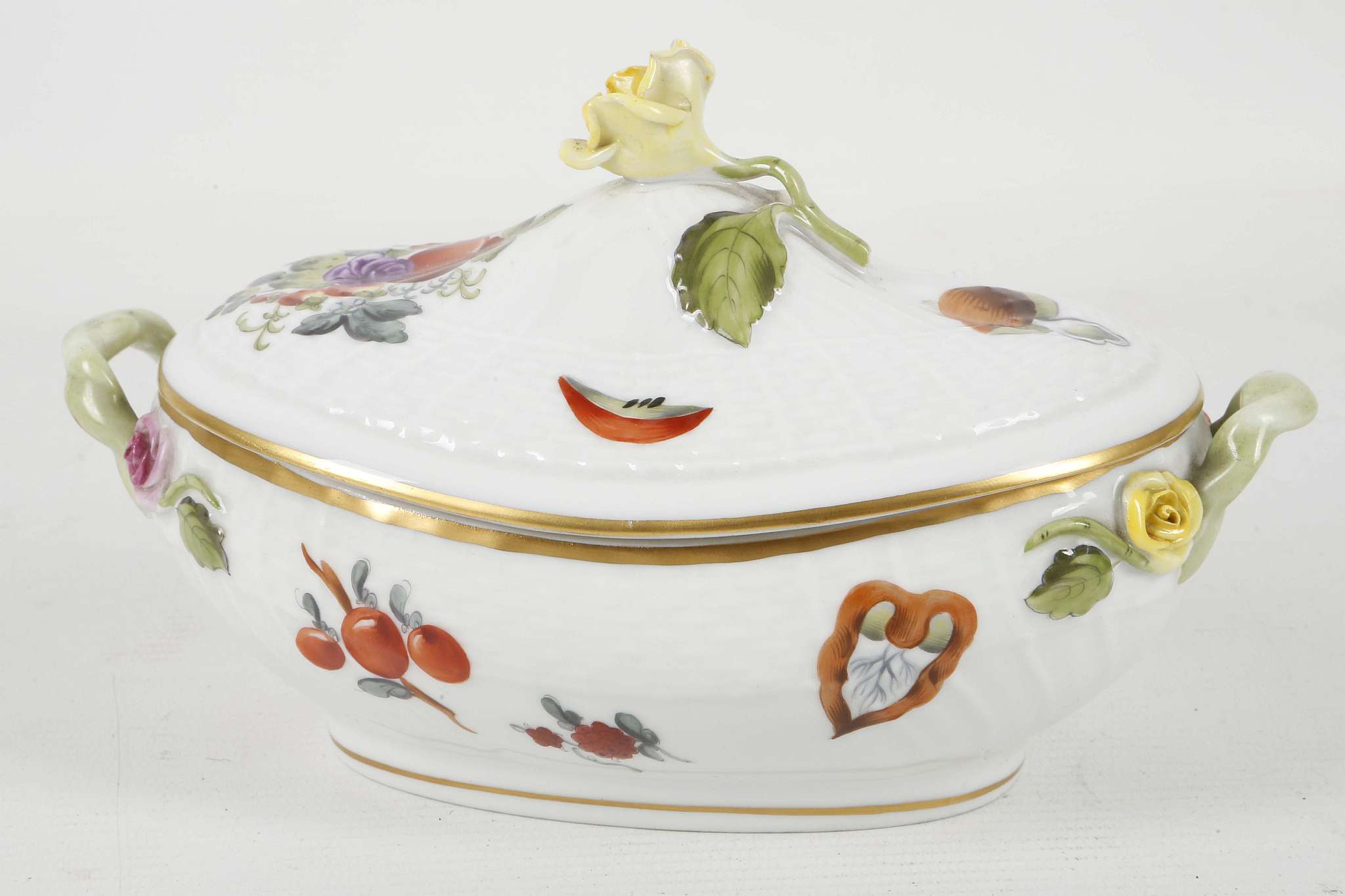 A Herend porcelain twin handled sucrier, in Meissen taste, with rose handle to cover and decorated