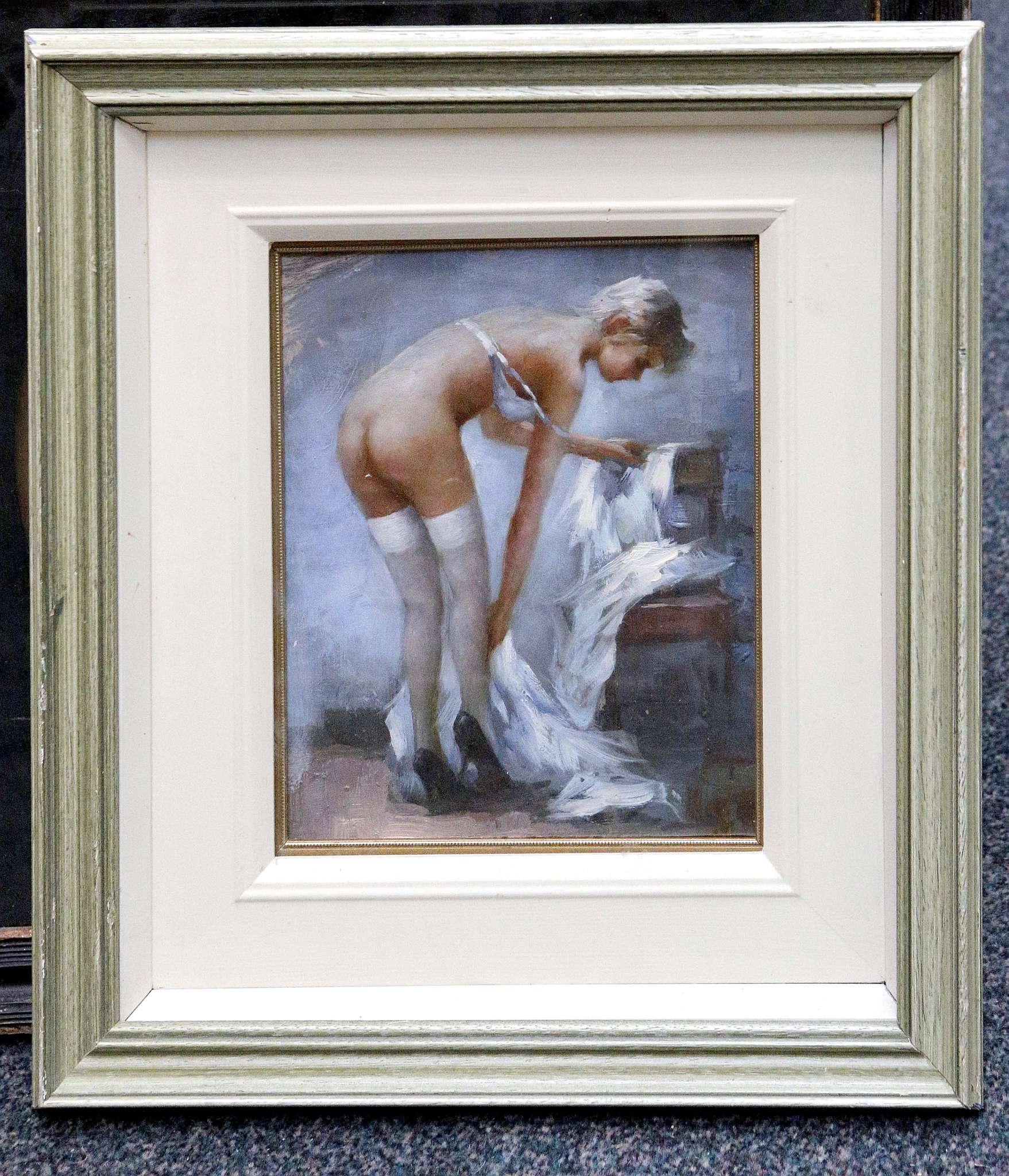 Oil on board, an impressionist portrait study of a nude female in her bed chamber, 22.5 x 18cm