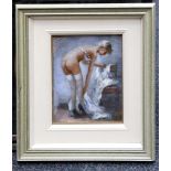 Oil on board, an impressionist portrait study of a nude female in her bed chamber, 22.5 x 18cm