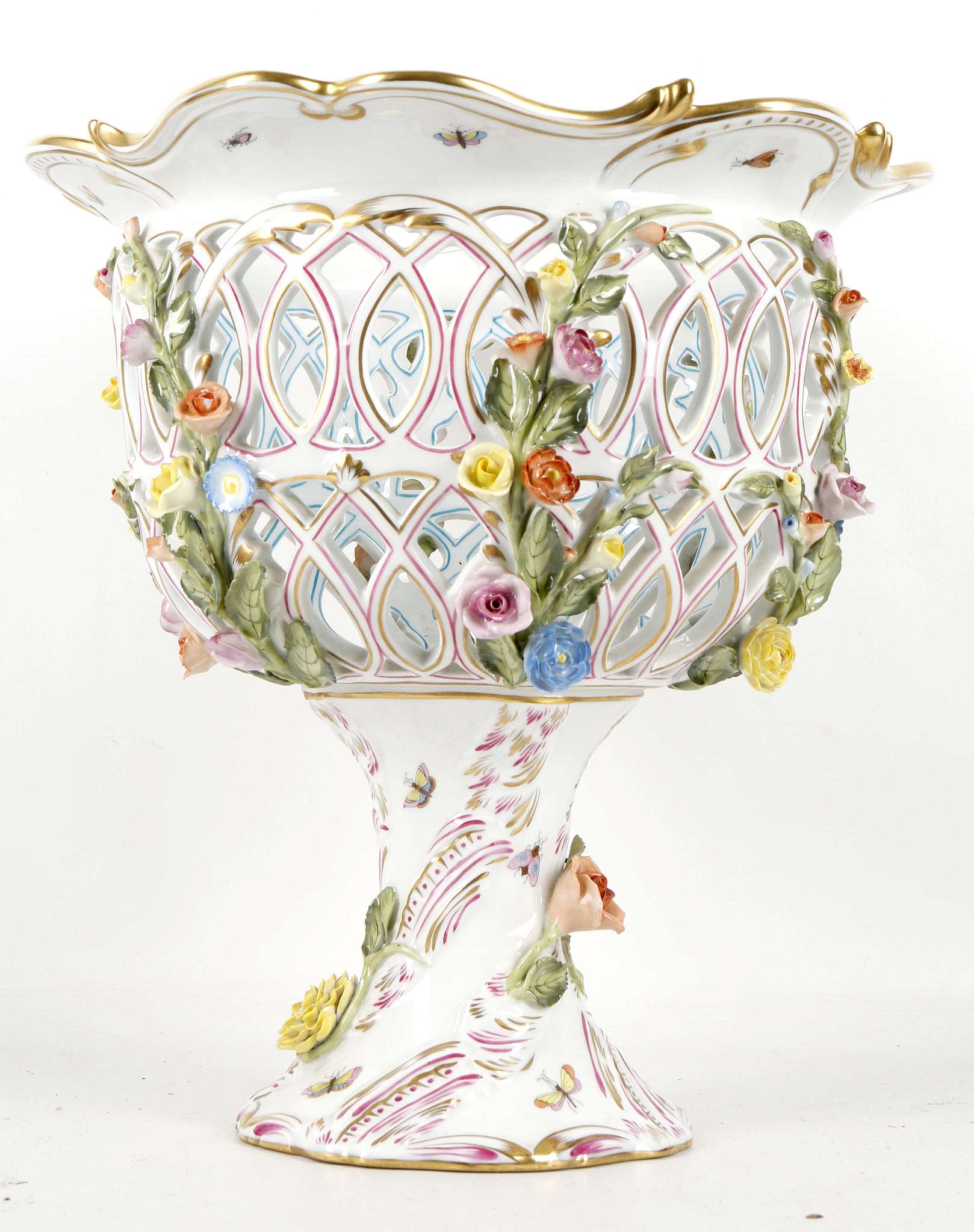 A large Herend porcelain pierced basket bowl on wa