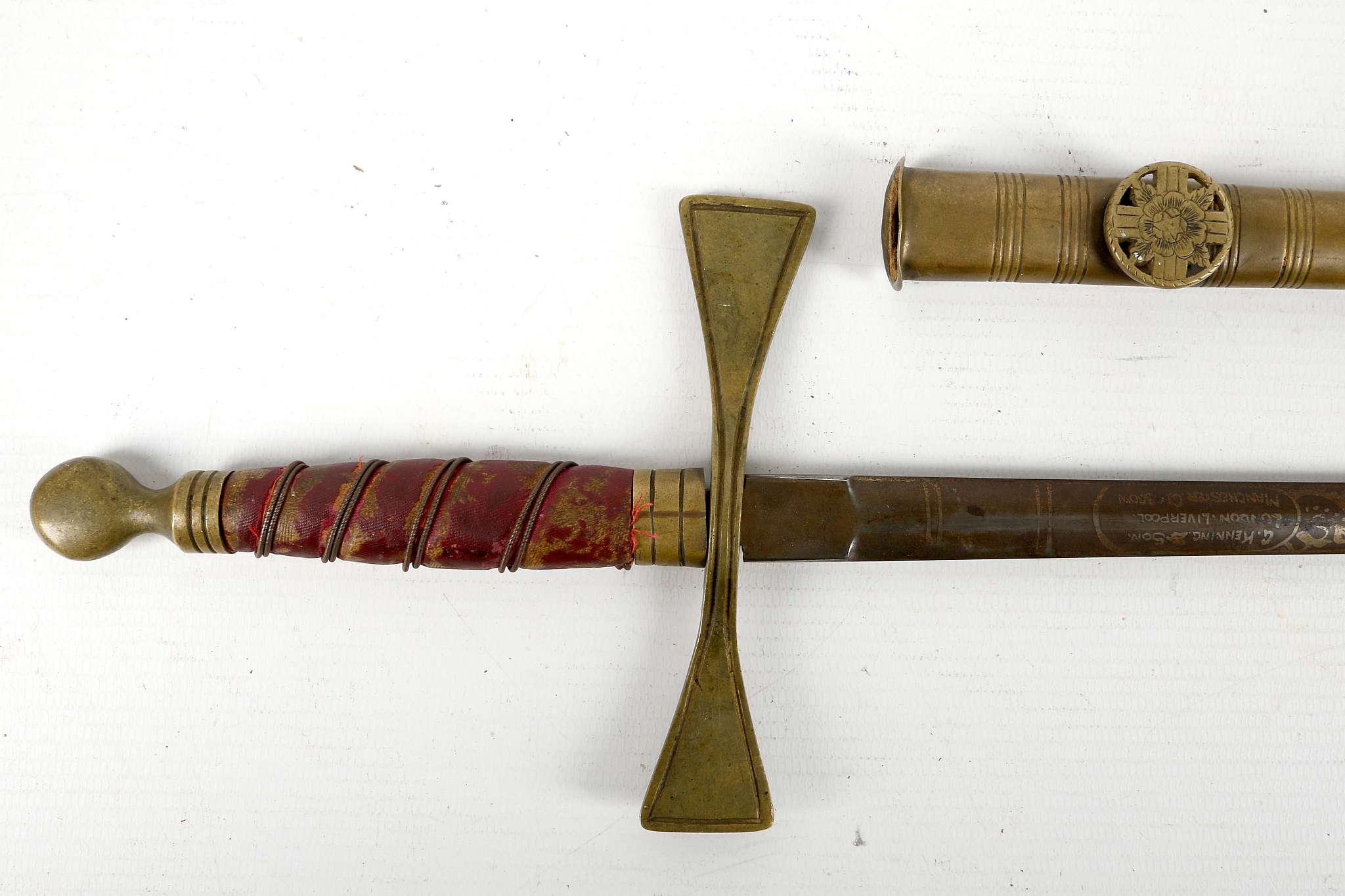 Early 20th Century Masonic ceremonial sword, brass pommel and cruciform with wire bound leather - Image 2 of 4