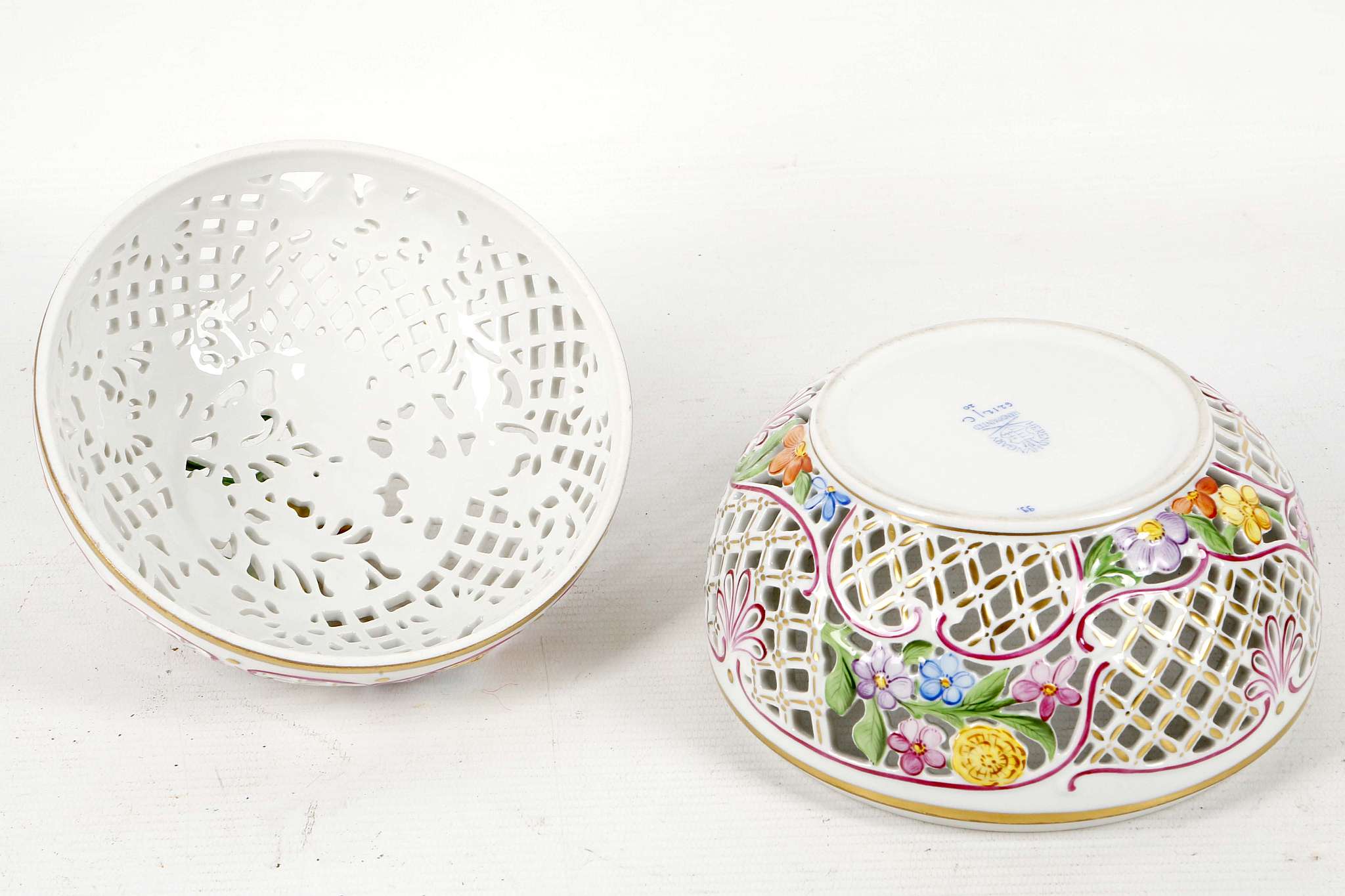 A Herend porcelain, almost spherical pierced bowl, cover painted with flowers and with an applied - Image 3 of 3