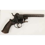 Belgian pinfire revolver, c.WWI, 7/16" six shot cylinder, octagonal 5" barrel, wooden grip, brown