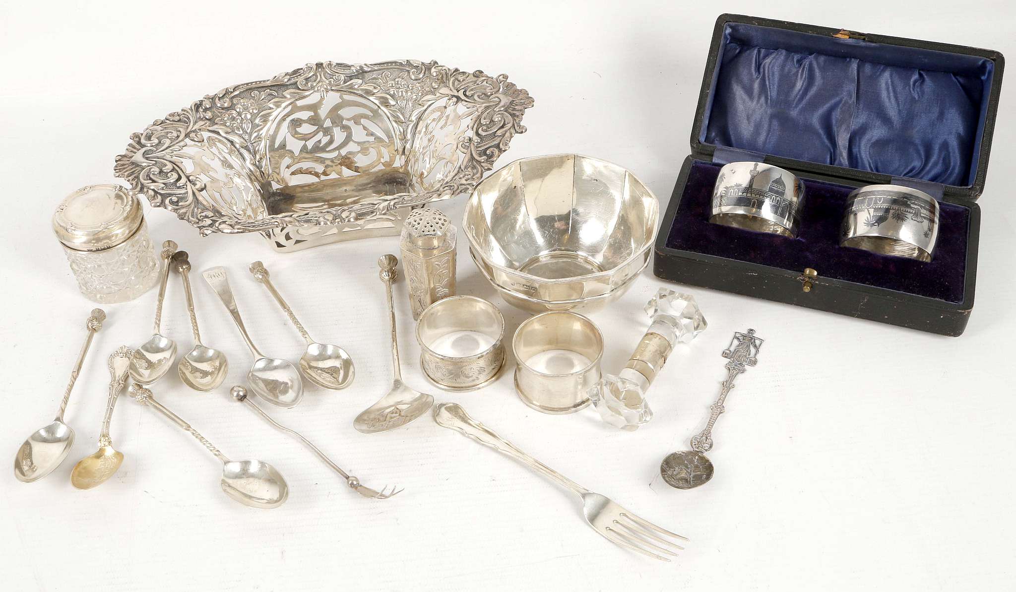 A Victorian silver basket, Scottish silver teaspoons, other silverware including a Chinese pepper