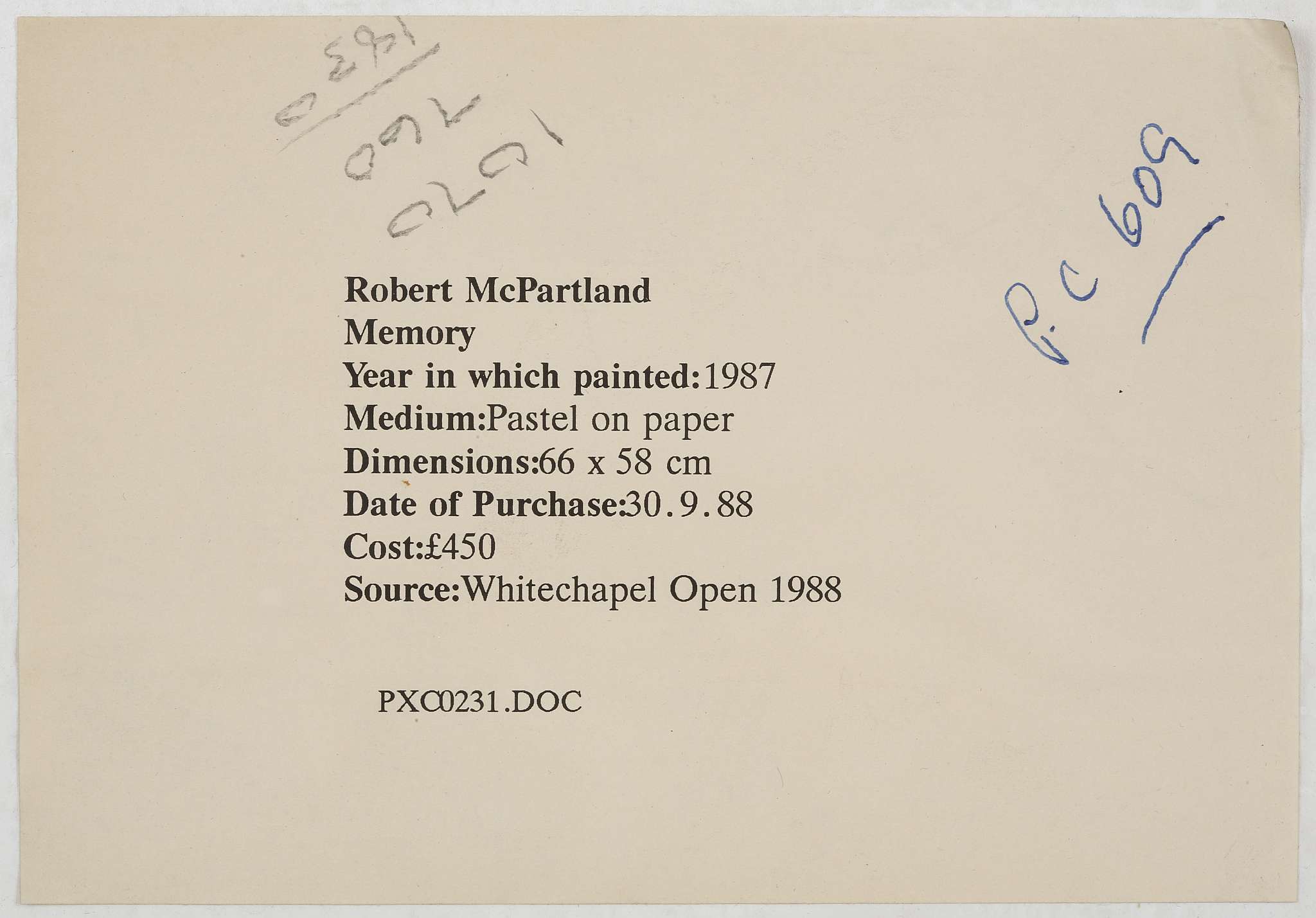 Robert McPartland, Modern British School, 'Memory', pastel on paper, 1987, inscribed verso, - Image 9 of 10