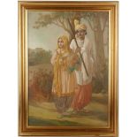An Indian tempora on board, of a musician, dancer and her companion, 54 x 37cm, framed