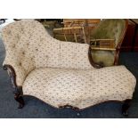 A Victorian mahogany showood framed chaise lounge, with button back