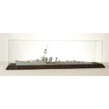 Royal Navy Interest; Scatch built waterline wooden model of a warship (Destroyer?) in glass case,