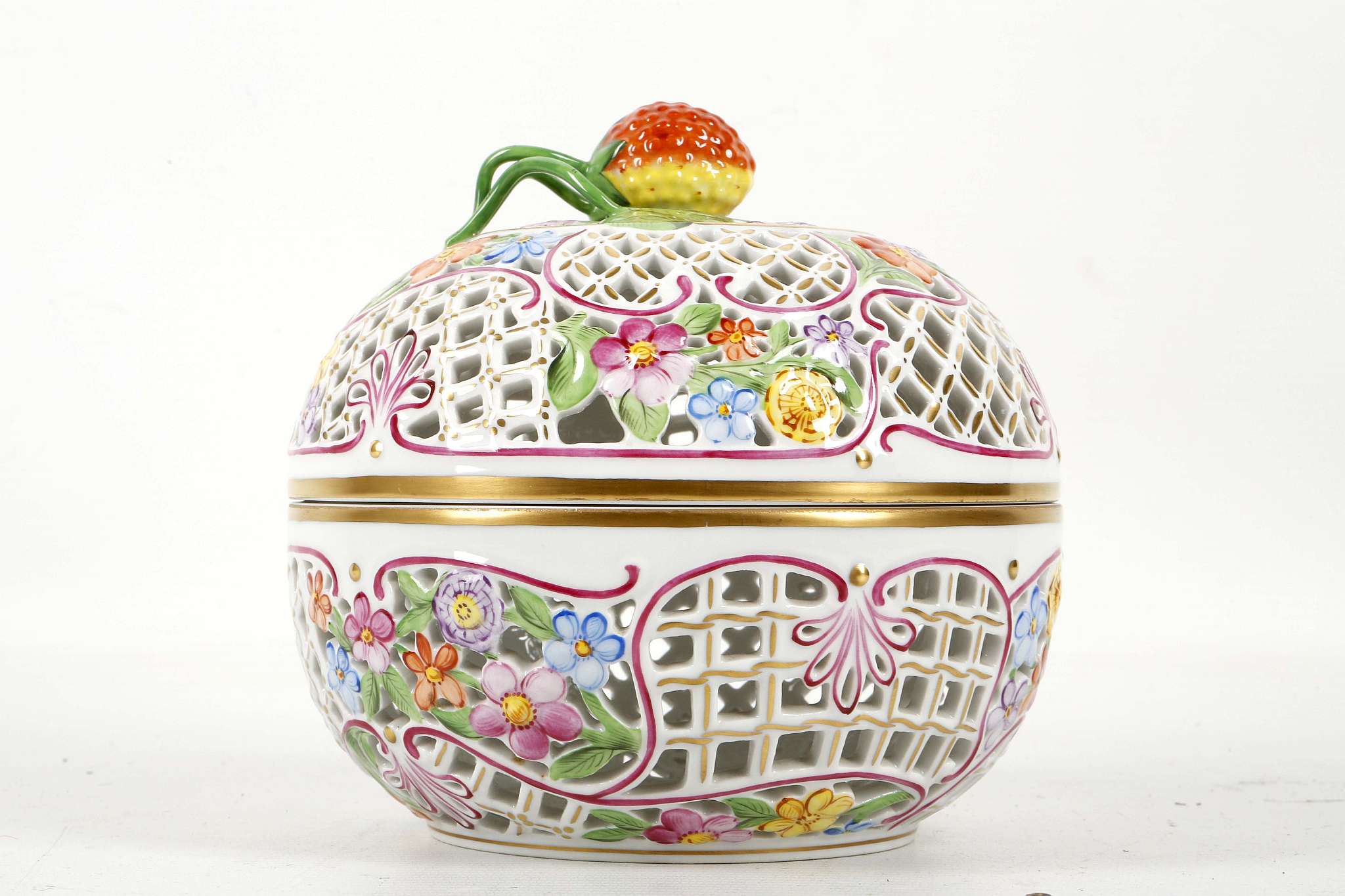 A Herend porcelain, almost spherical pierced bowl, cover painted with flowers and with an applied - Image 2 of 3