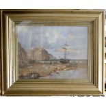 An extensive oil painting, coastal scene with fisher folk beside beached fishing boats and cliffs