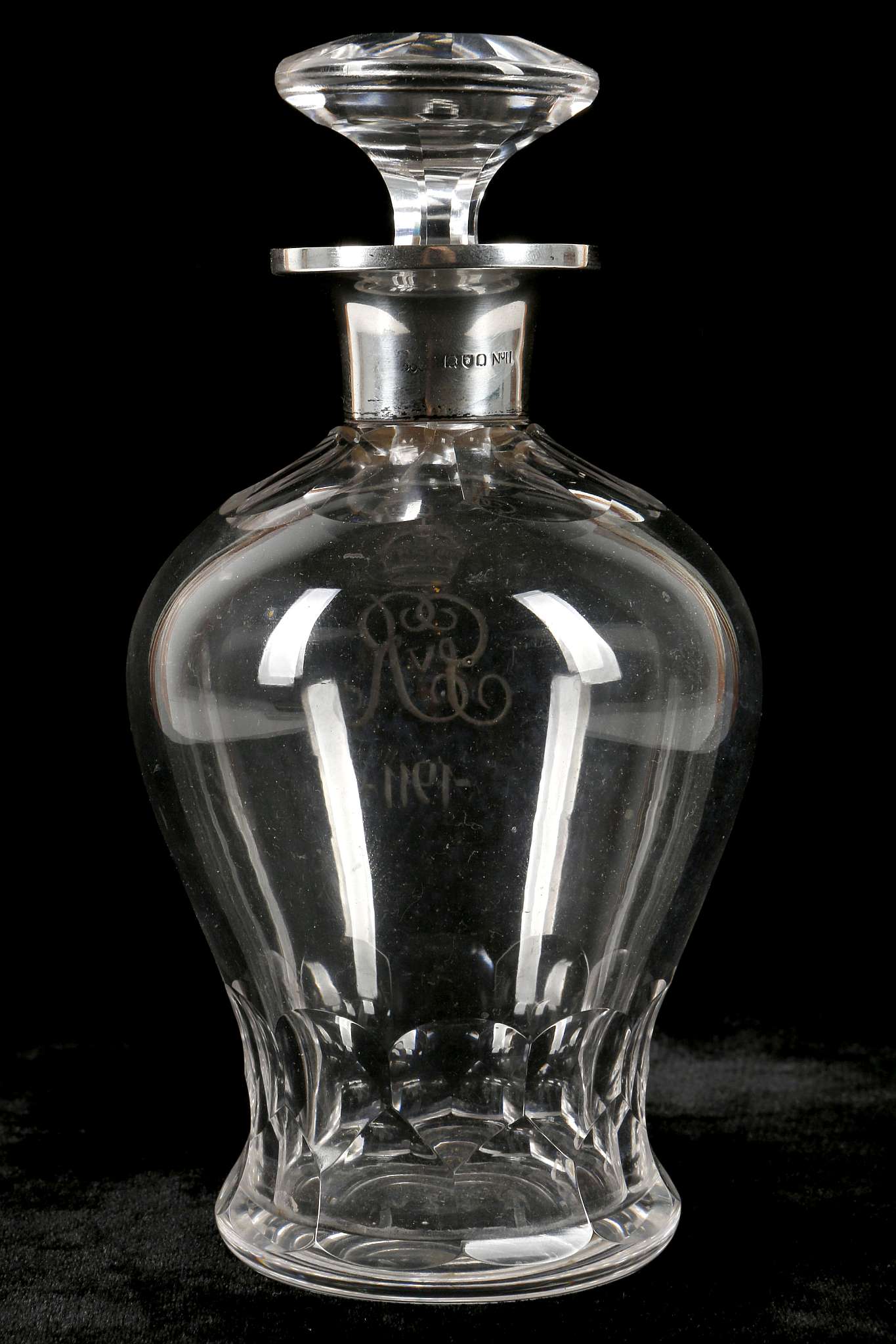 An early George V period novelty crystal cut glass decanter and stopper, having hallmarked silver - Image 2 of 3