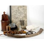 National Geographic atlas folio; ice skates, Japanese papier mache letter rack, Victorian ceramic