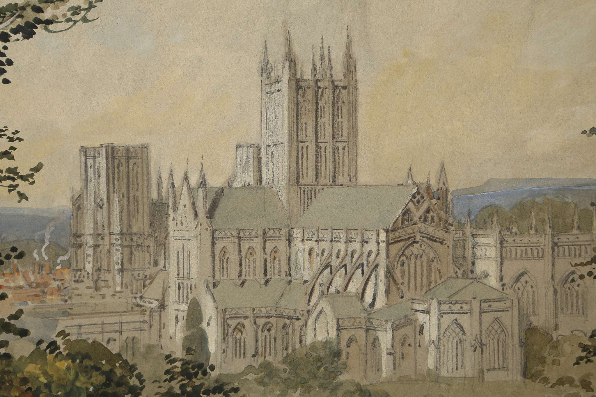 20th Century British, c.1920, 'Wells Cathedral', watercolour and gouache, signed indistinctly - Image 4 of 5