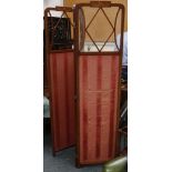 An Edwardian walnut three fold dressing screen with glazed upper section over lower section