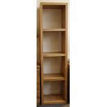 A pair of light oak, contemporary narrow open shelving, 202 x 54cm