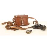 WWI leather cased binoculars and compass, marked Lt. J.H. White R.F.A. (Royal Field Artillery),