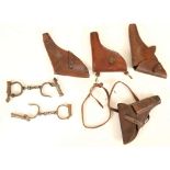 WW1 British leather pistol holders for Webley and a Dreyse holster, Hiatt handcuffs and another