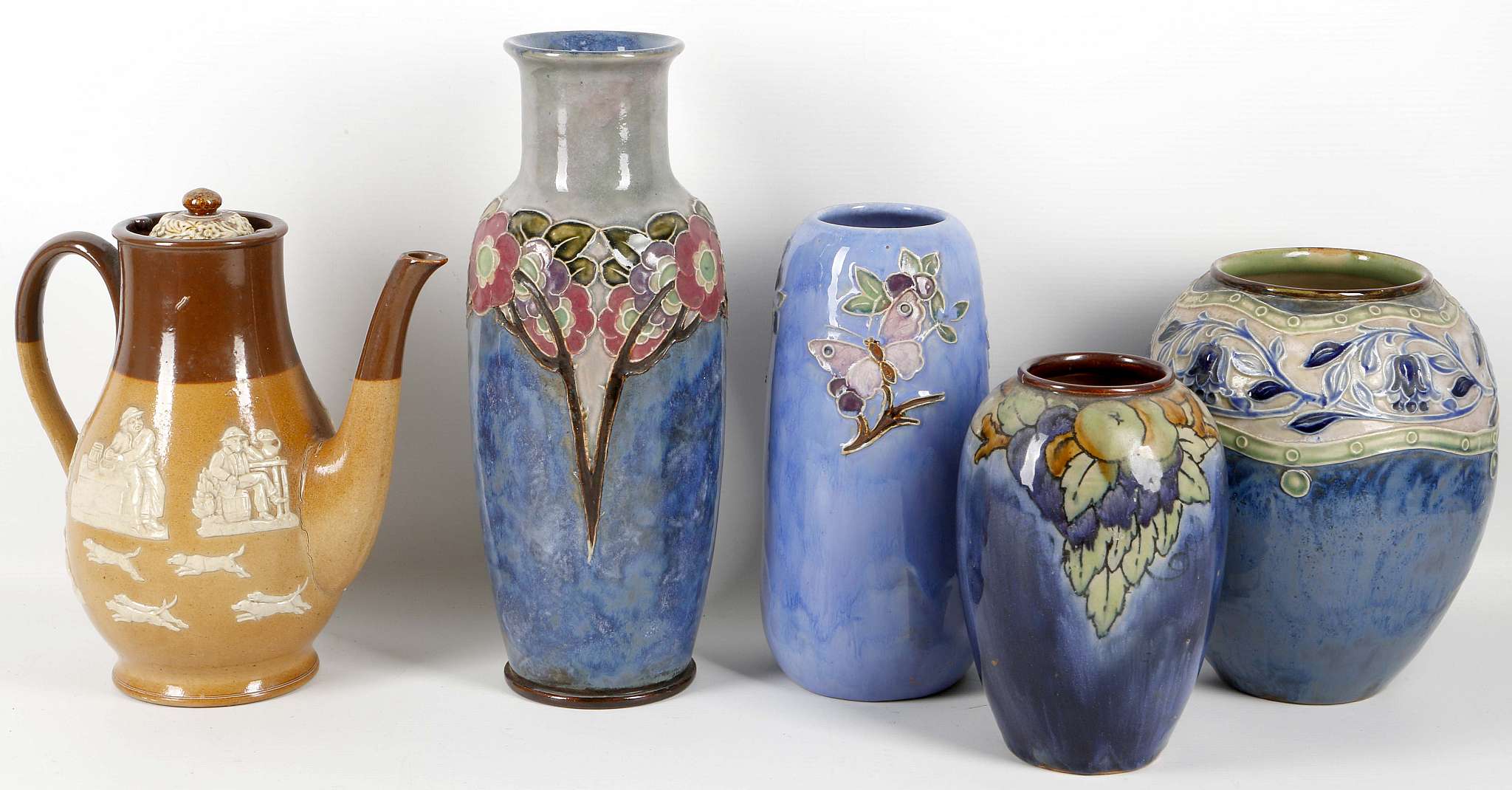 A collection of Royal Doulton and Doulton Lambeth vases, together with a Royal Doulton coffee pot