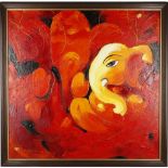 J.H.A. Sachindranath, an acrylic on canvas, 'elephants', signed, 90 x 90cm, framed