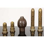 French WWI 'pineapple' grenade and four brass WWII fuses (5)