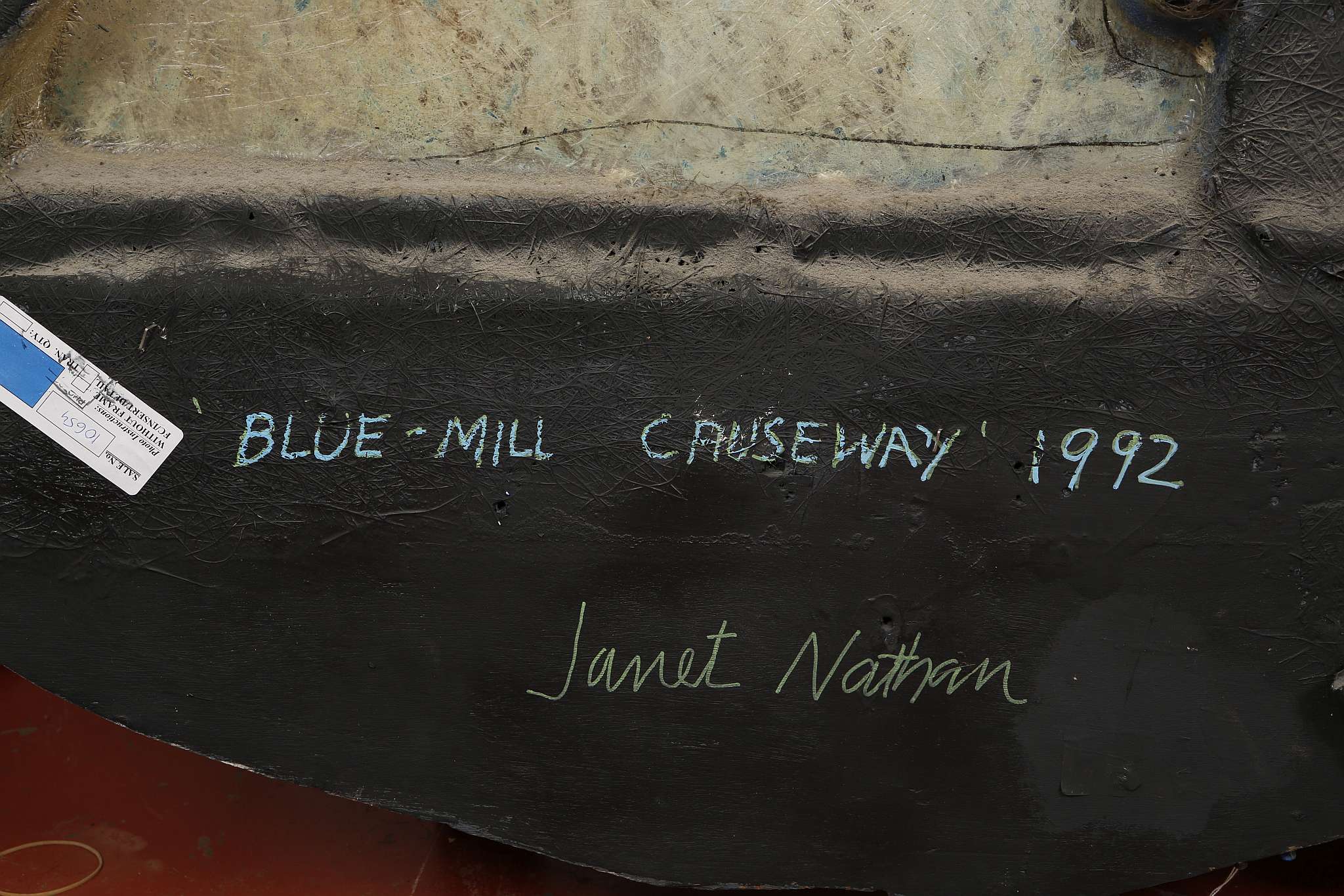 Janet Nathan b.1933 “Blue Mill Causeway” Mixed media on wood. 236.3cm x 114.3cm - Image 5 of 5