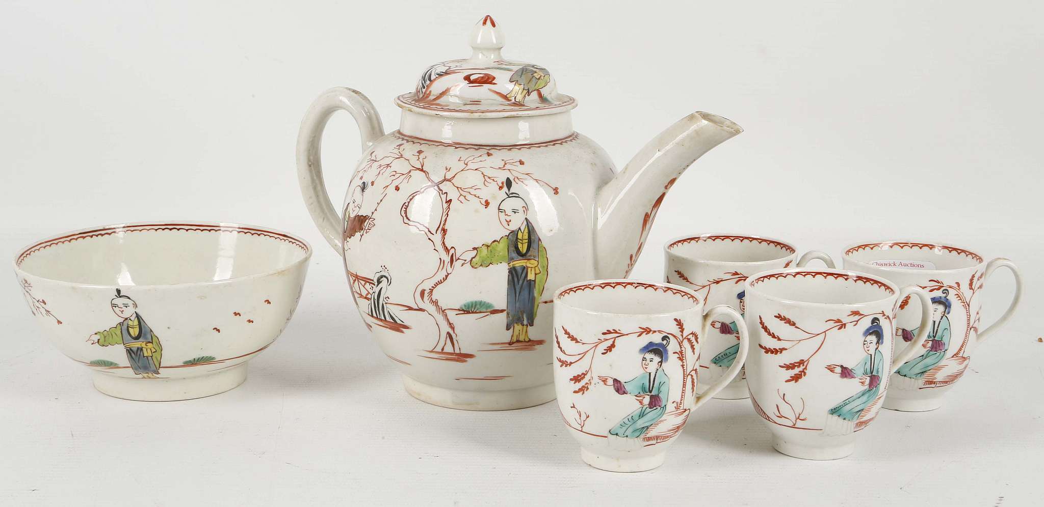 A Lowestoft teapot, bowl and four coffee cups c.17