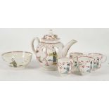 A Lowestoft teapot, bowl and four coffee cups c.17