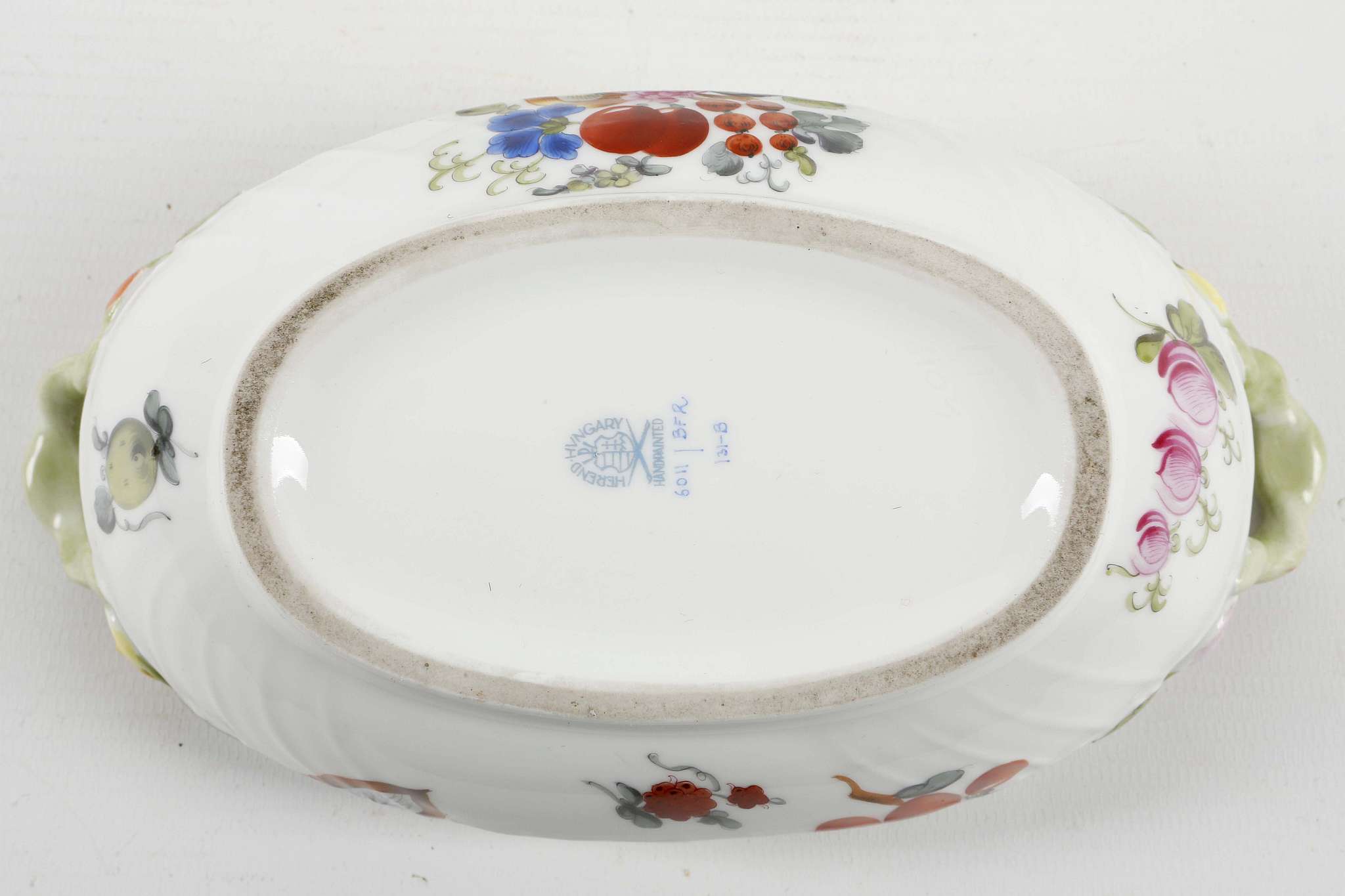 A Herend porcelain twin handled sucrier, in Meissen taste, with rose handle to cover and decorated - Image 5 of 5
