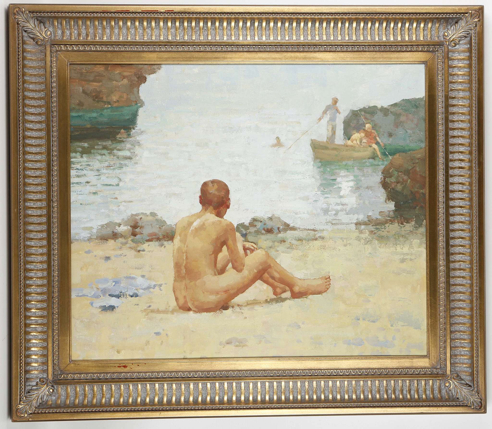 After Henry Scott Tike, 1858-1929, 'Falmouth Beach', acrylic on canvas, in a good giltwood frame, 50