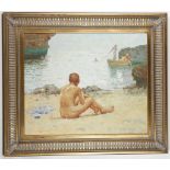 After Henry Scott Tike, 1858-1929, 'Falmouth Beach', acrylic on canvas, in a good giltwood frame, 50