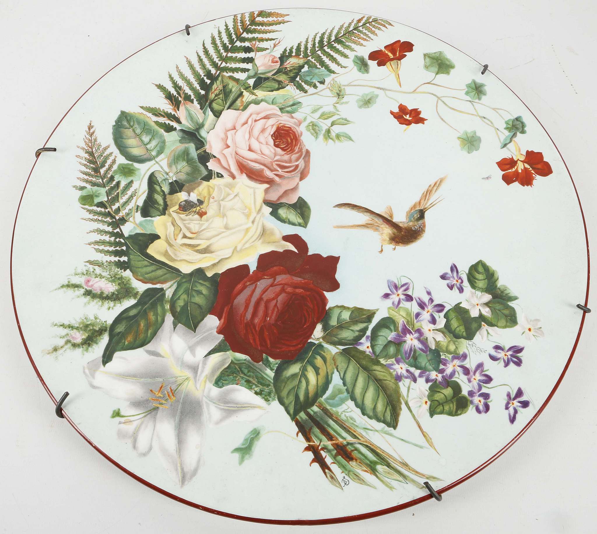 Boch Freres charger, late 19th Century humming bird and floral study, 40cm diameter