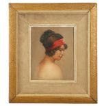 An oil painting portrait, head and shoulder of a young lady wearing a pink headband, 23.5 x 19cm