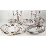 A collection of French and continental silver plated items to include a pair of twin branch