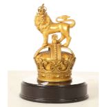 Standard finial for Grenadier Guards colours, gilded crowned lion atop a gilded crown, mounted on