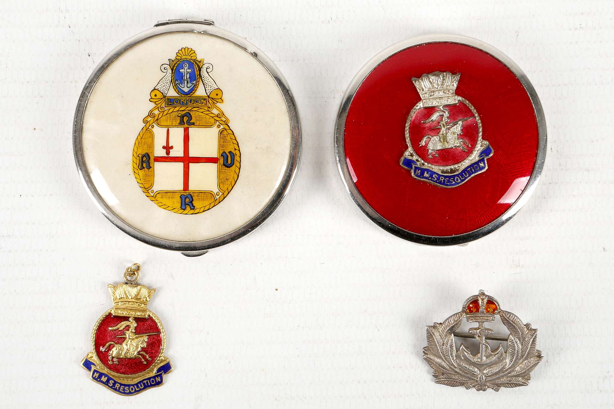 A silver Royal Navy sweetheart brooch, enamel kings crown, HMS Resolution enamel pill box and